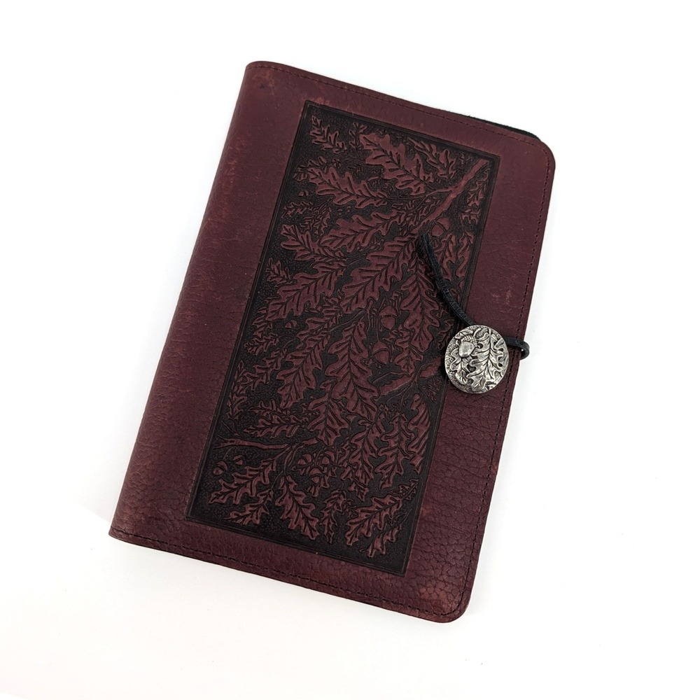 Oberon Design Leather Checkbook Cover Oak Leaf Embossed Pewter Button Burgundy